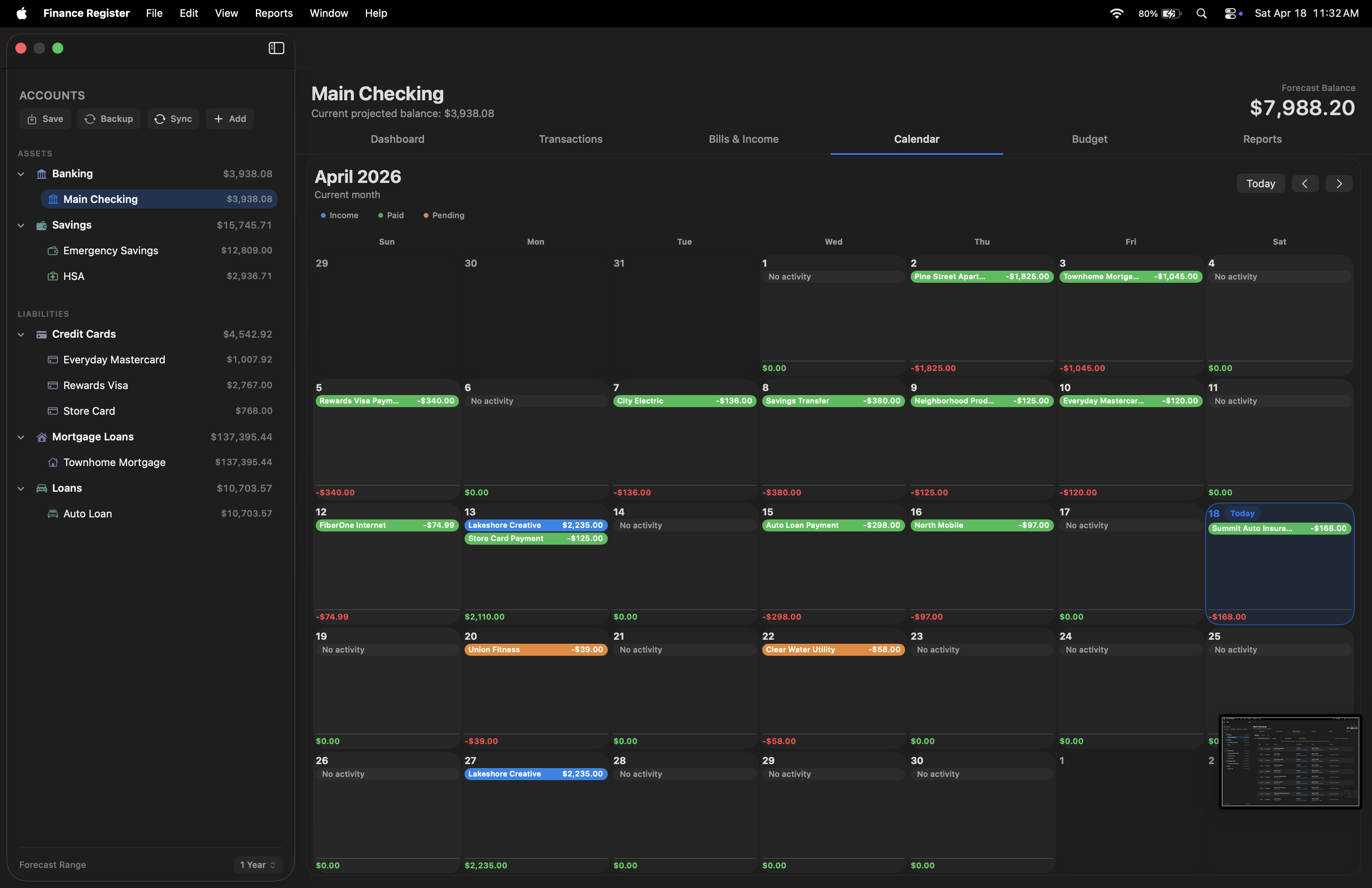 Calendar view of scheduled bills and income