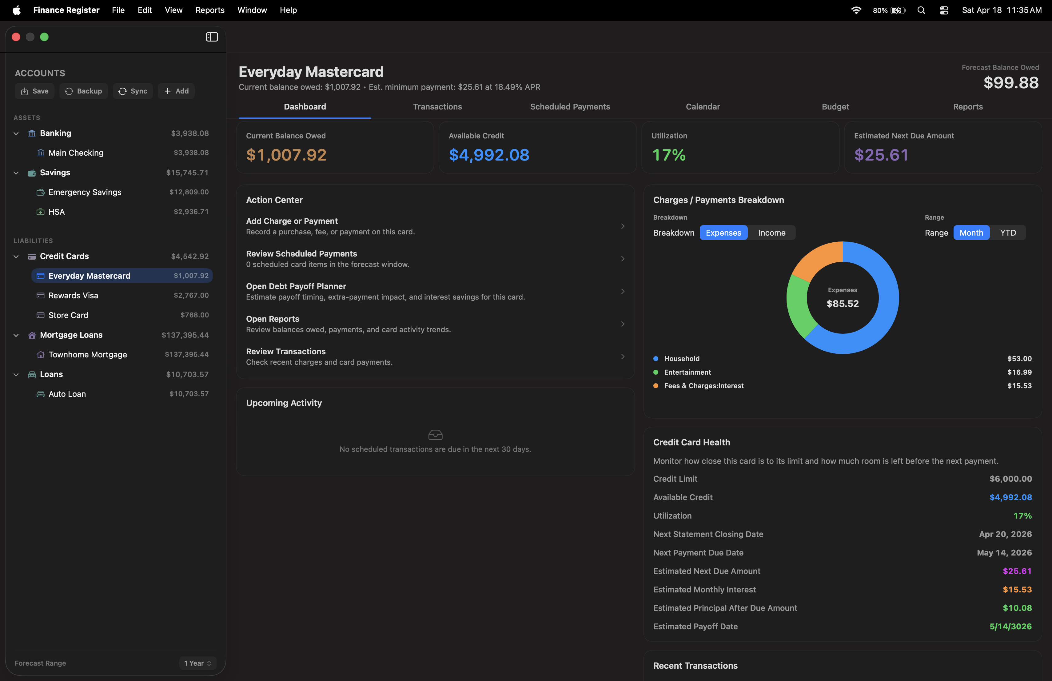 Credit card account view showing current balance, available credit, utilization, estimated payoff timing, and recent charges