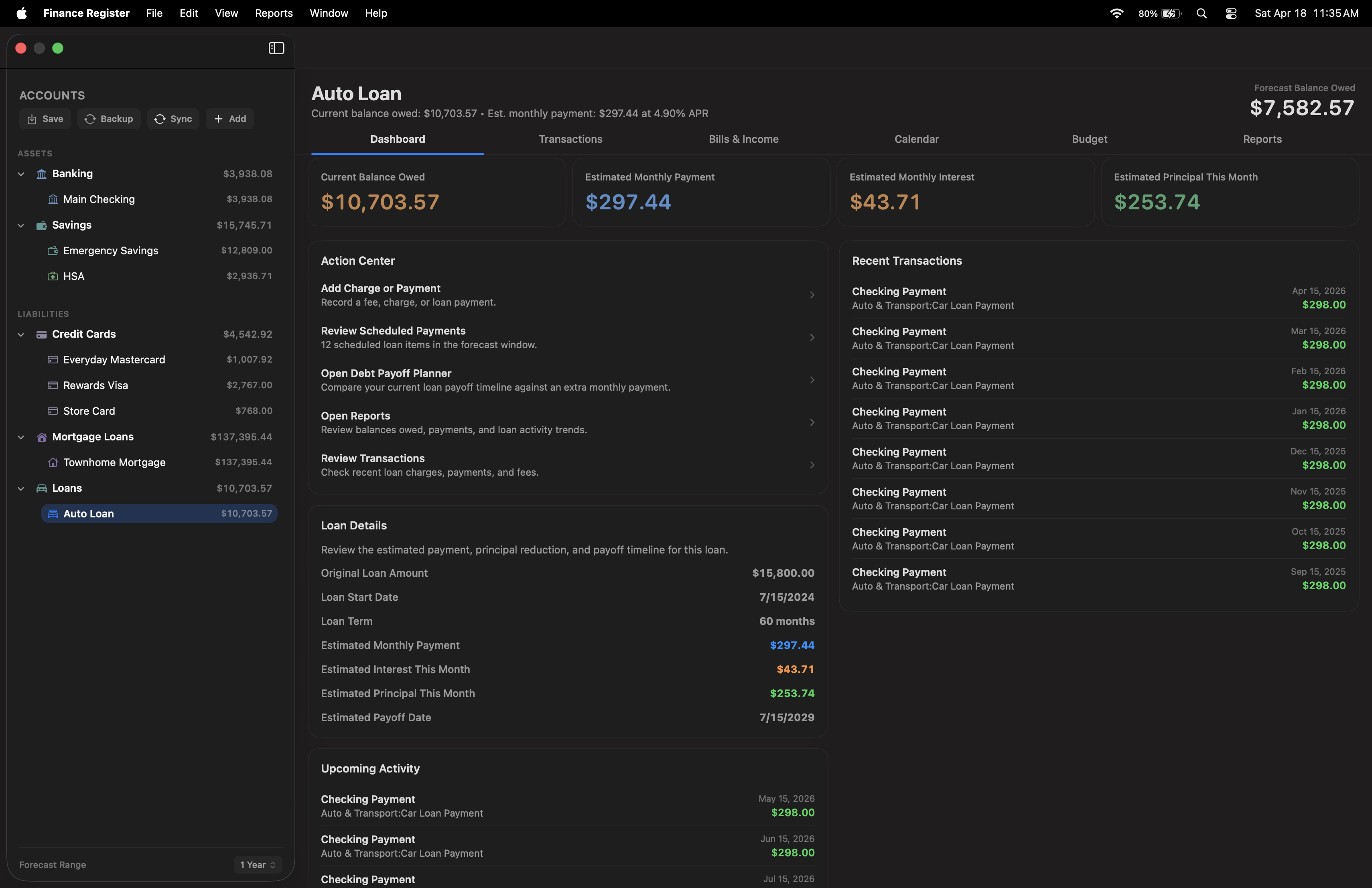 Auto loan account view showing balance owed, monthly payment, interest for the month, and payoff date