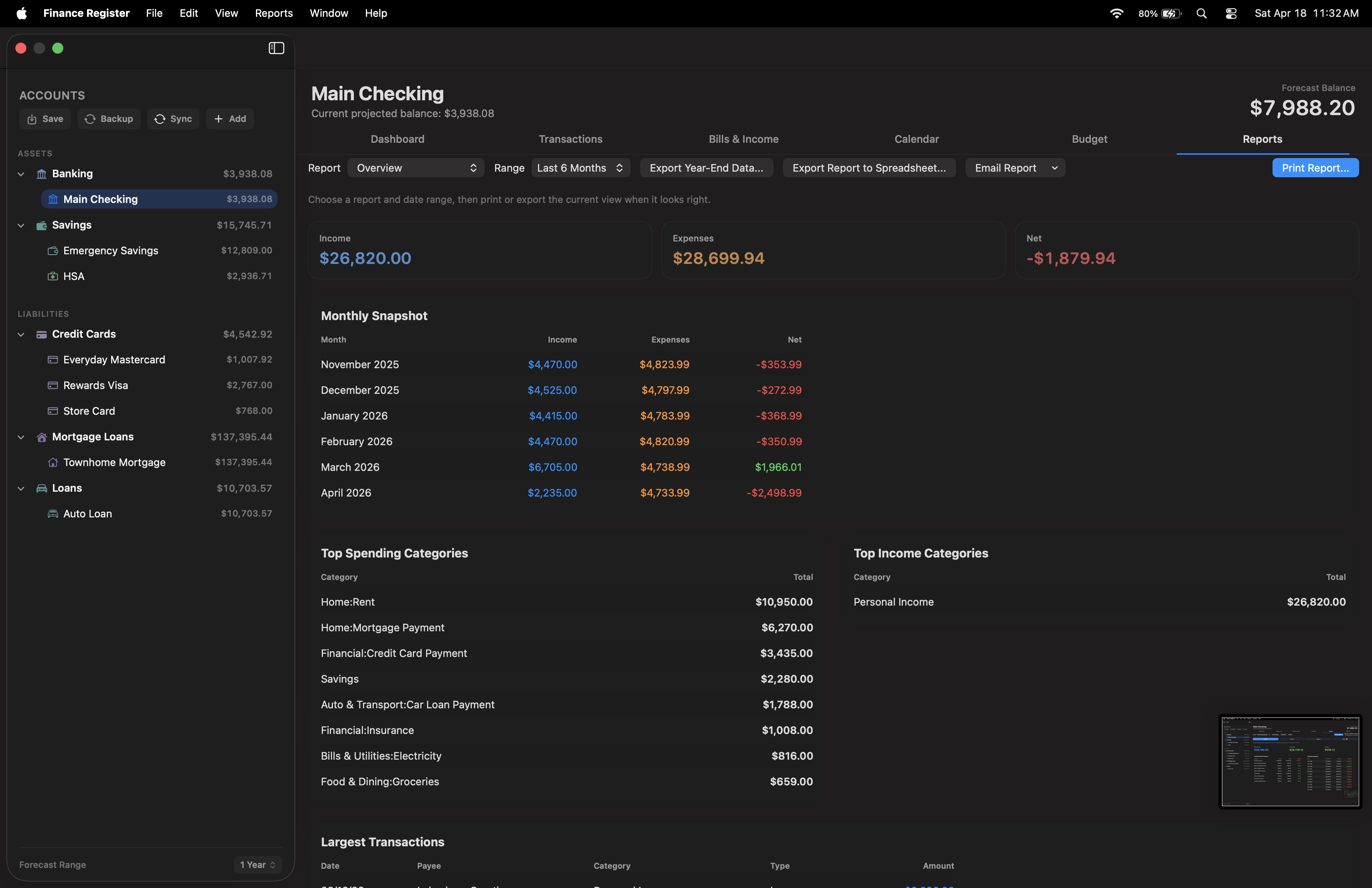 Reports view with monthly snapshots and category breakdowns