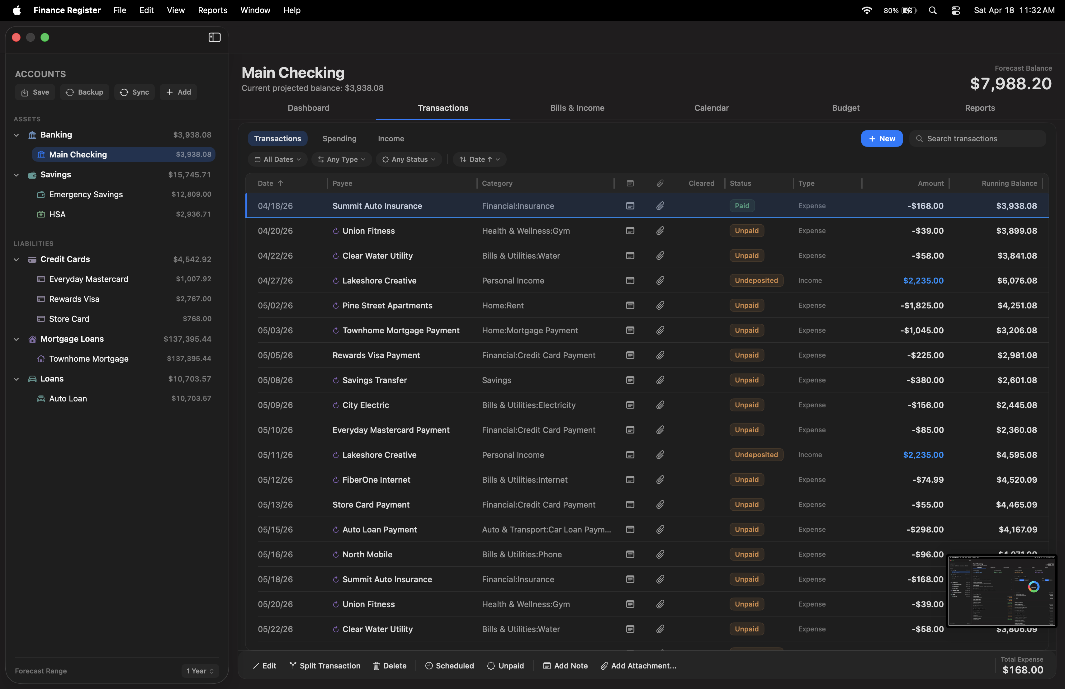Finance Register full transaction register with filters, balances, tags, and recurring details