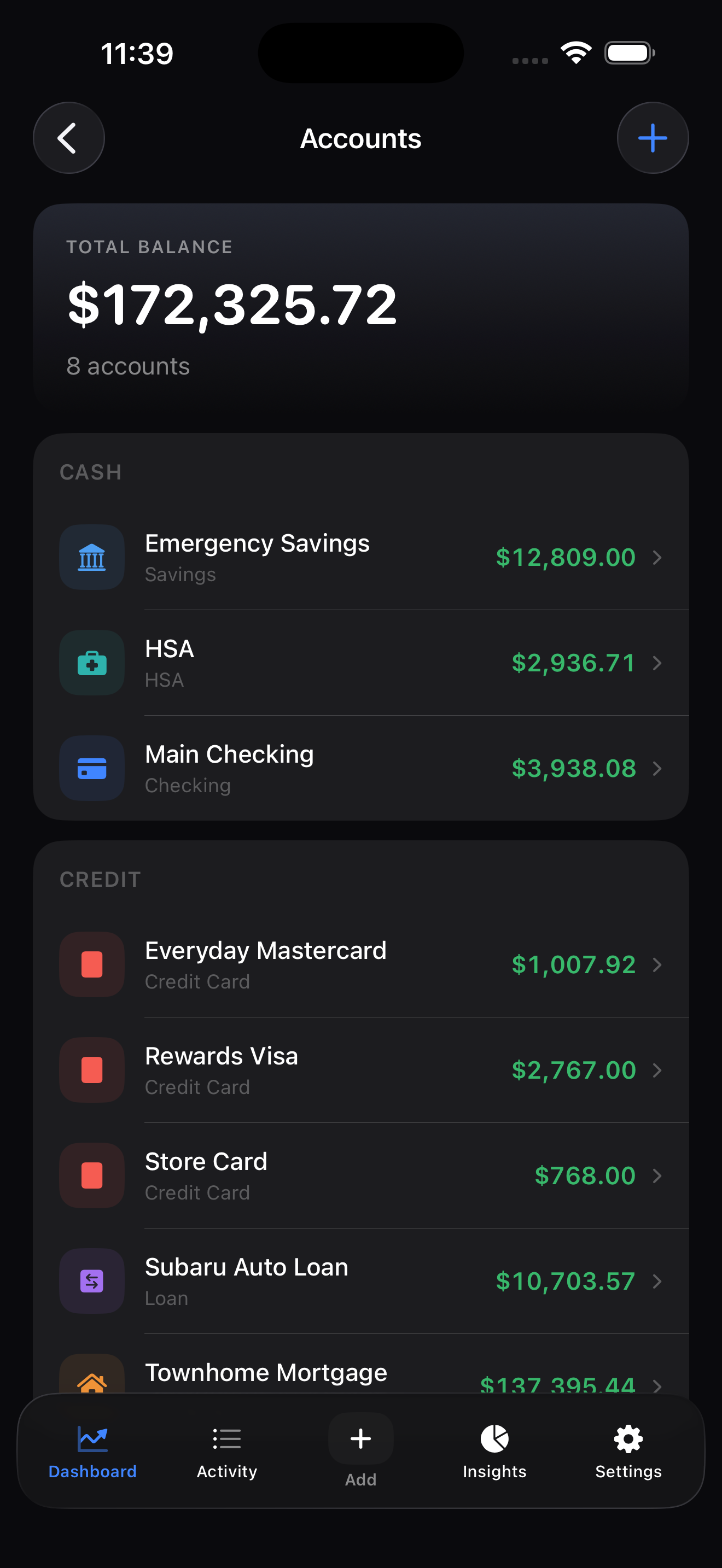Finance Register for iPhone — accounts list showing cash and credit accounts with running balances