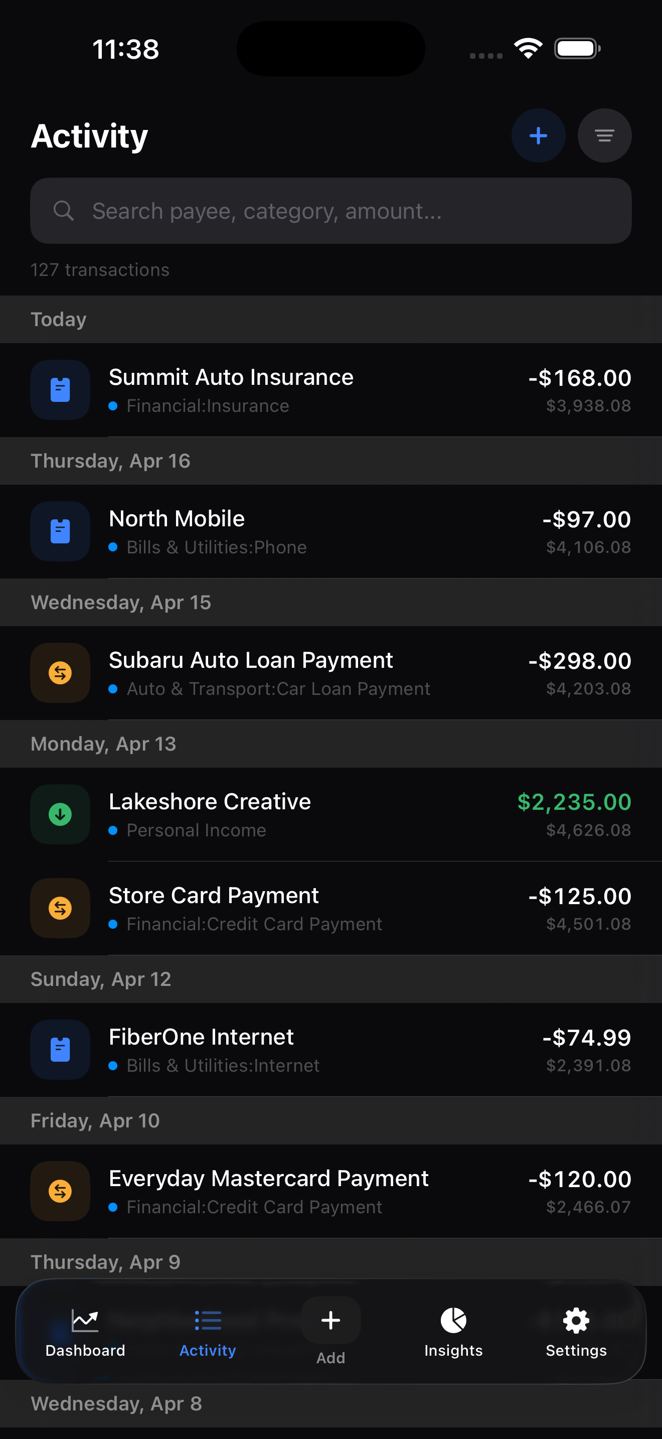 Finance Register for iPhone — activity feed with transactions grouped by day