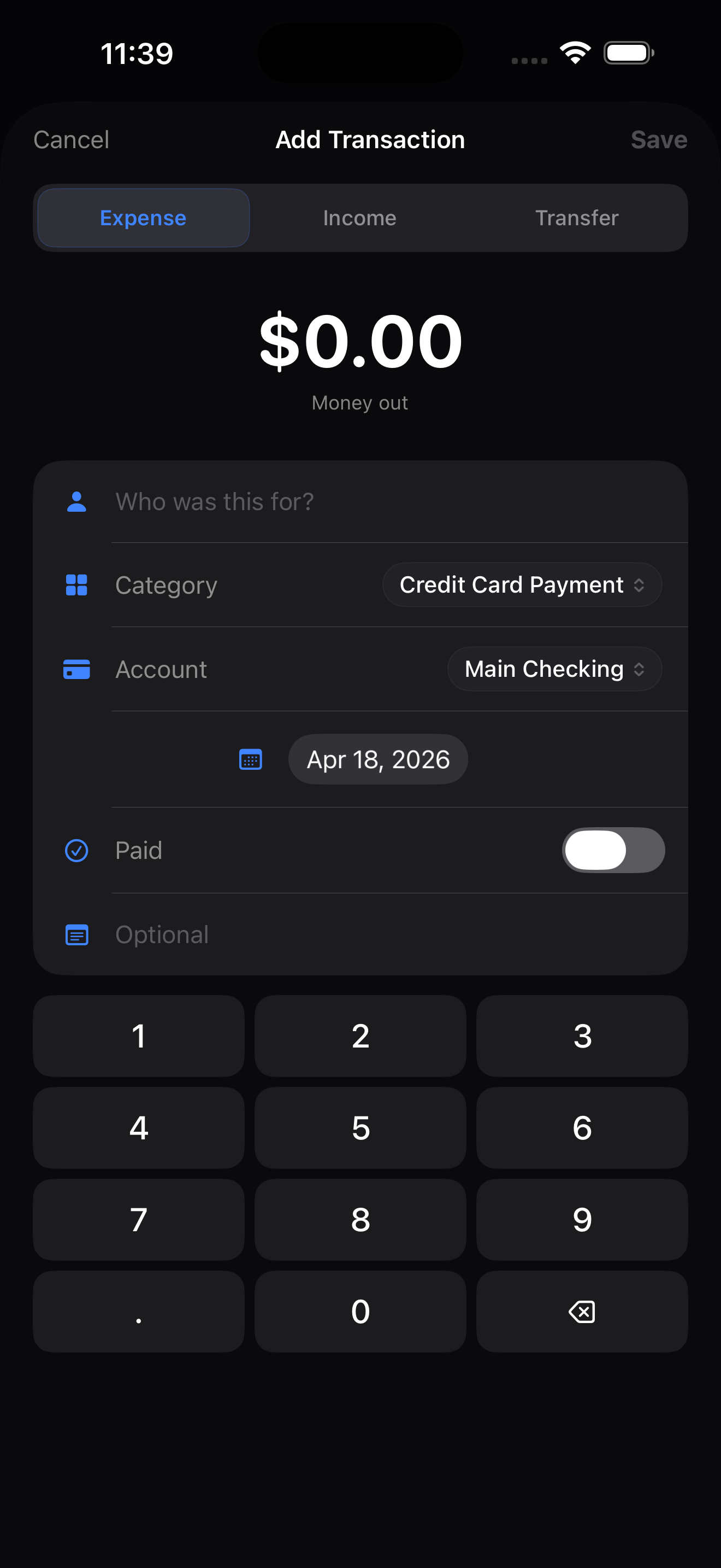 Finance Register for iPhone — add transaction screen in expense mode with payee, category, account, and keypad