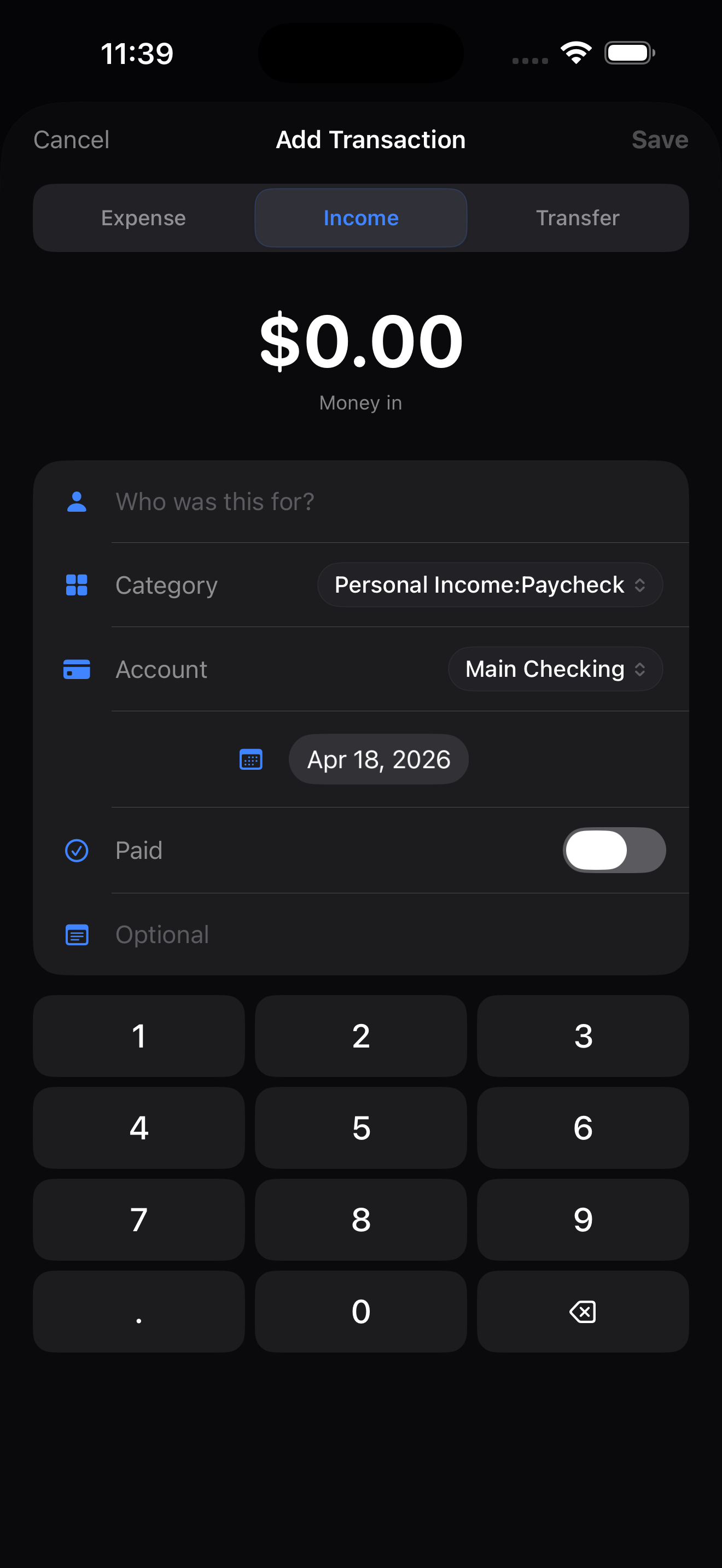Finance Register for iPhone — add transaction screen in income mode