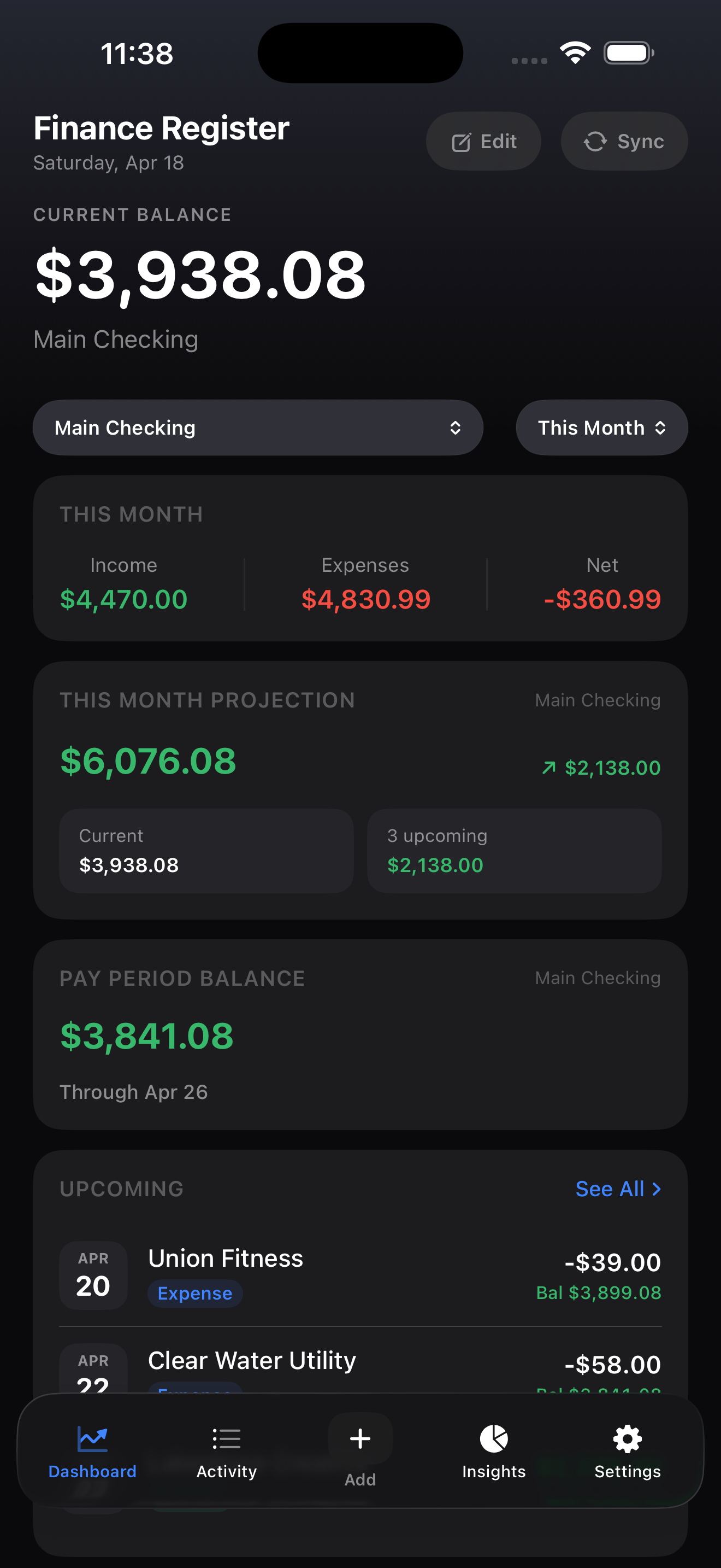 Finance Register for iPhone — dashboard showing current balance, this month totals, and projection