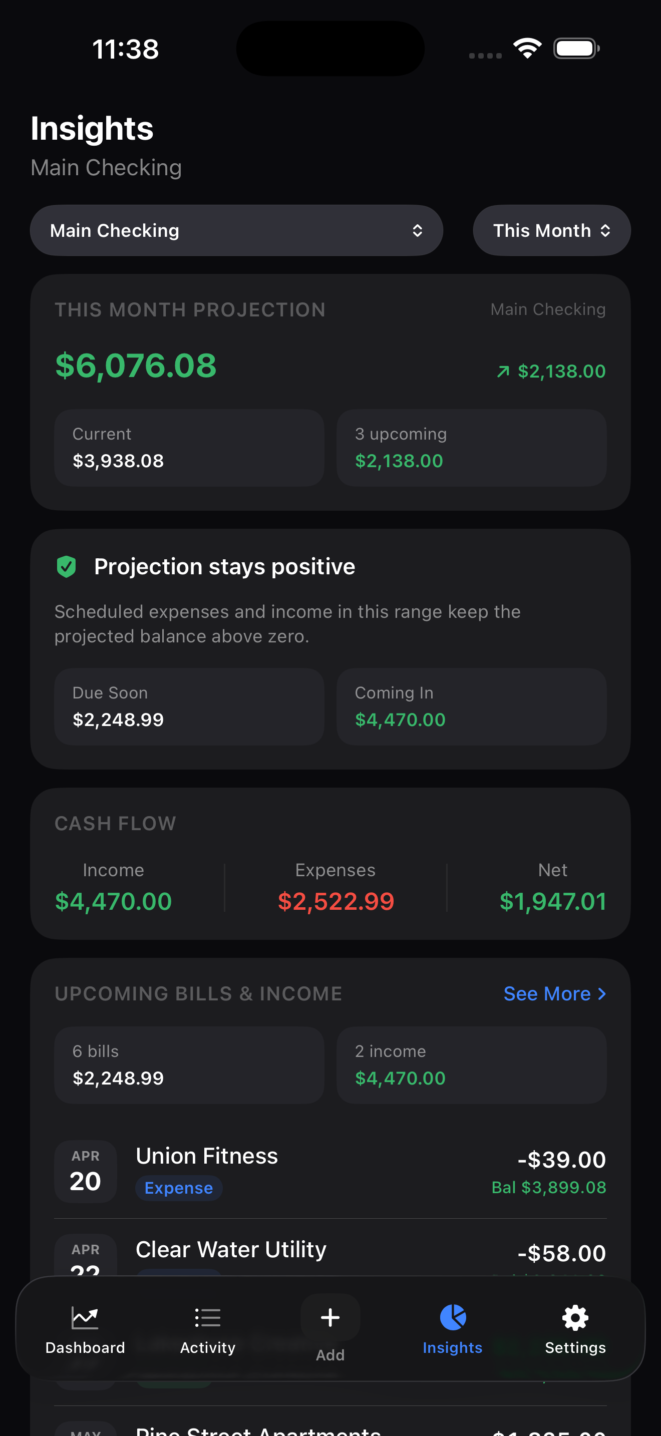 Finance Register for iPhone — insights view with projection, cash flow, and upcoming bills