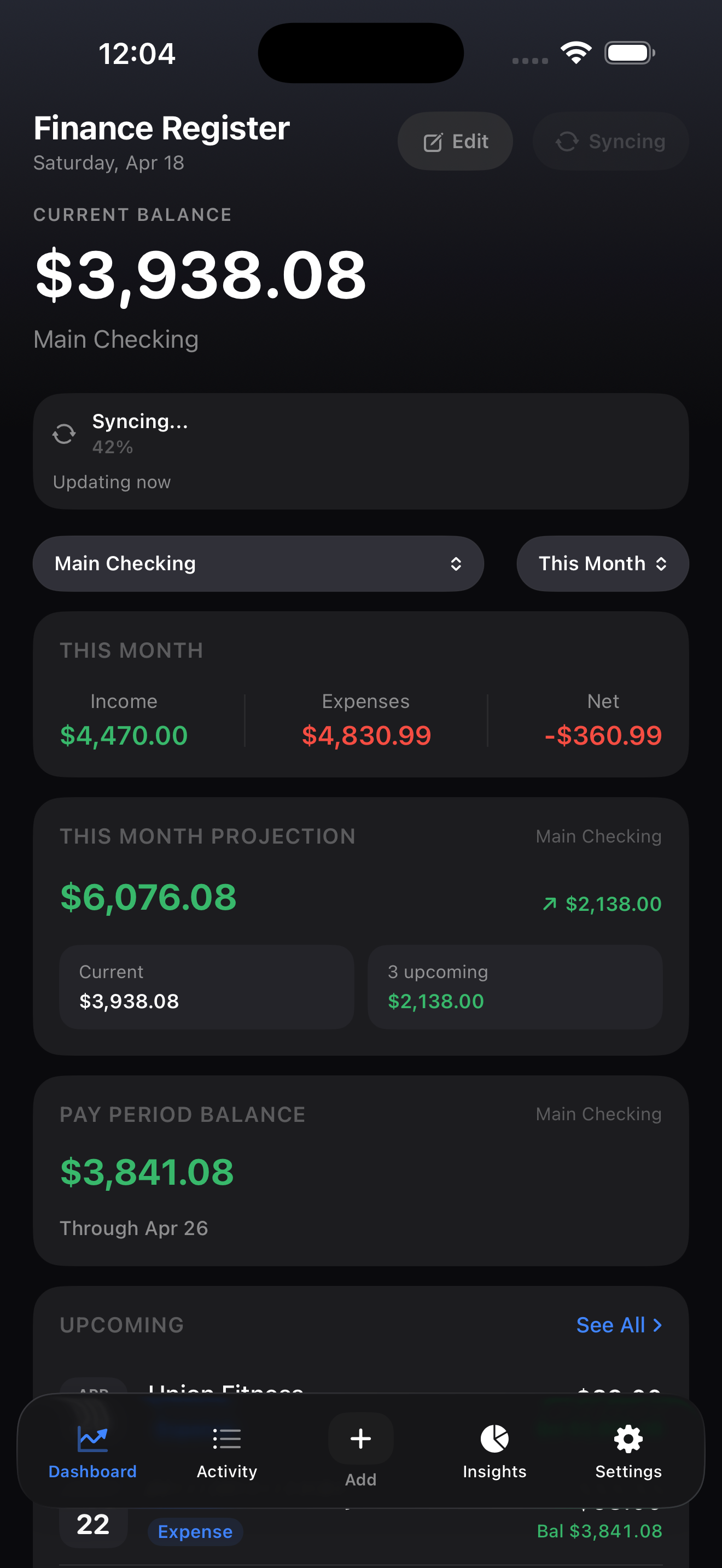 Finance Register iPhone dashboard actively syncing with iCloud — current balance, projection, and upcoming activity staying up to date