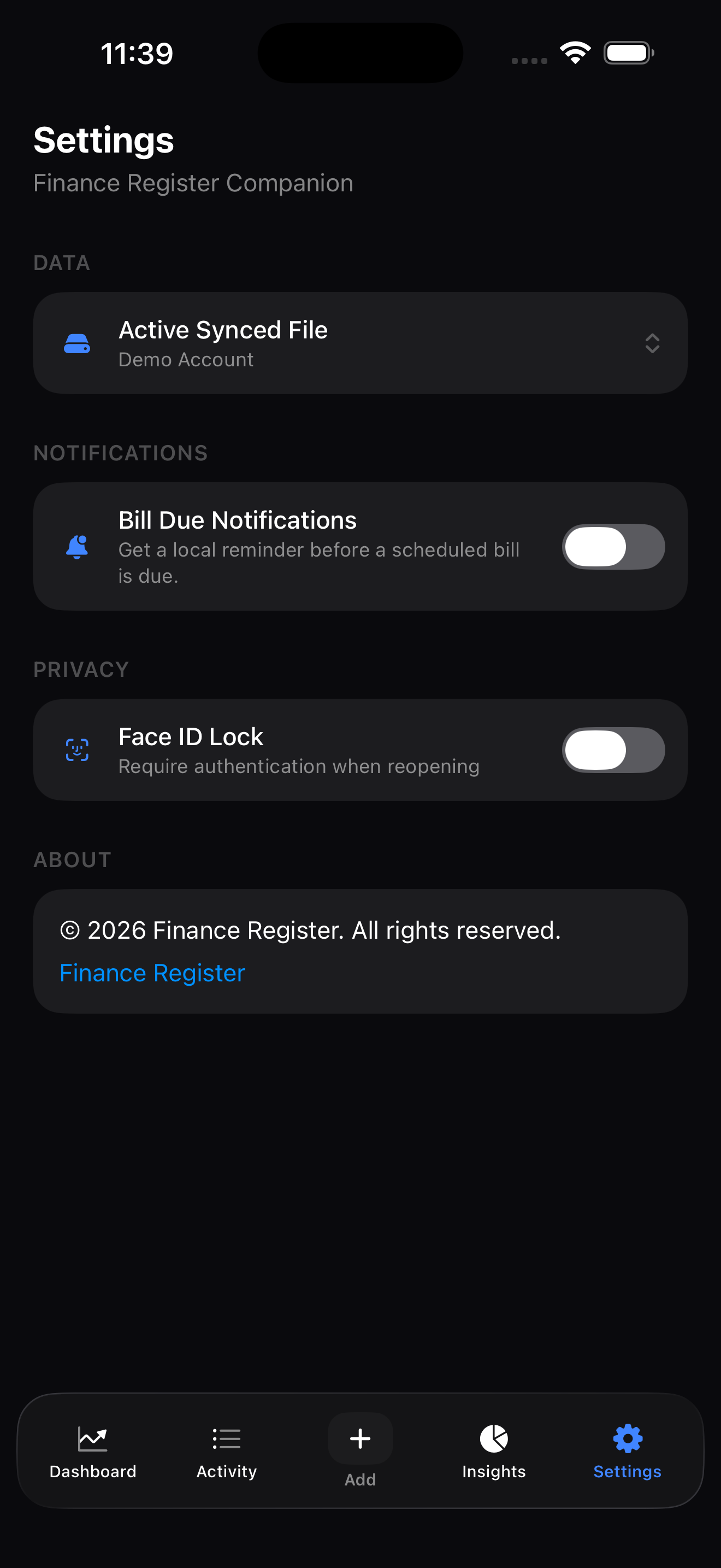 Finance Register for iPhone — settings screen with iCloud sync, bill reminders, and Face ID lock