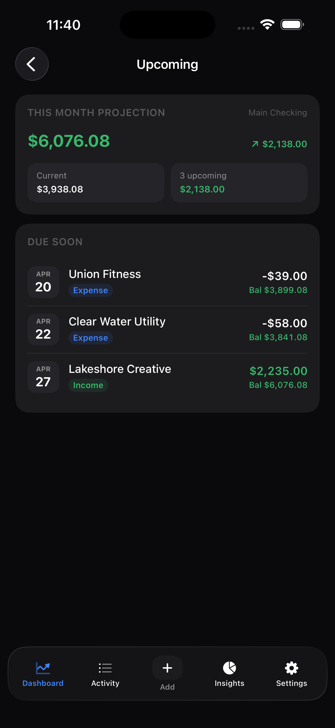Finance Register for iPhone — upcoming bills and income due soon